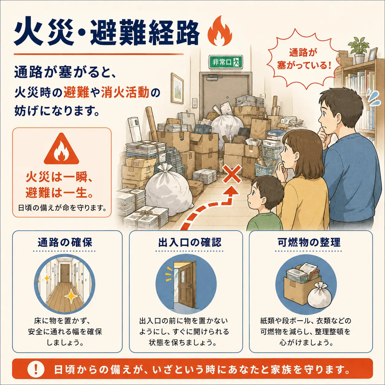 火災時の避難経路がごみや可燃物で塞がる危険を説明するイラスト