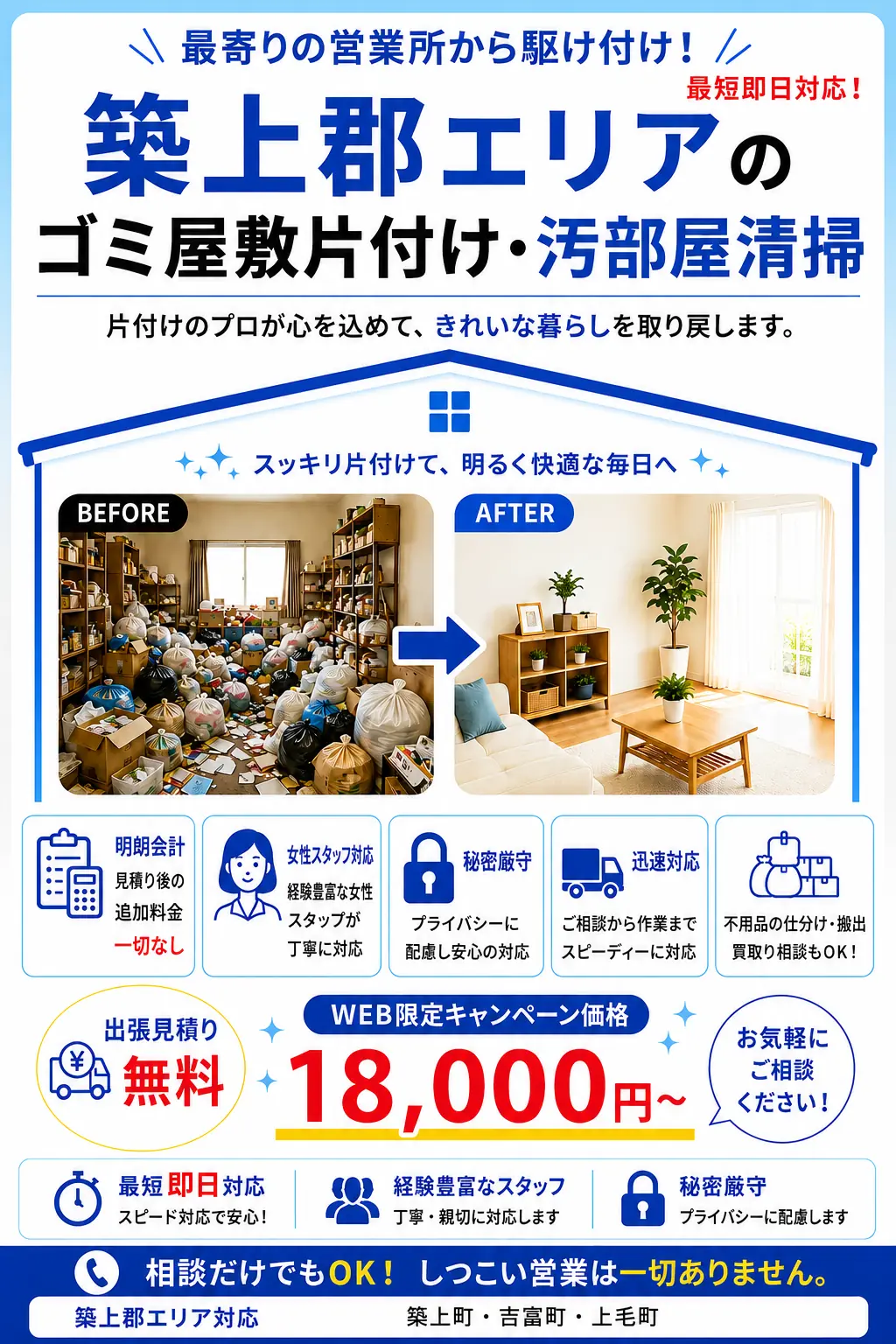 築上郡全域のゴミ屋敷片付け・汚部屋清掃。出張見積り無料・最短即日対応・明朗料金で丁寧に対応します。