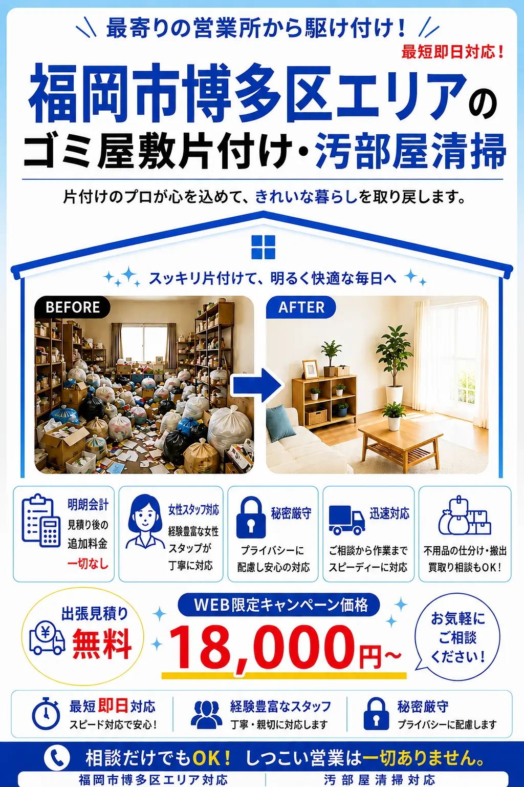 福岡市博多区全域のゴミ屋敷片付け・汚部屋清掃。出張見積り無料・最短即日対応・明朗料金で丁寧に対応します。