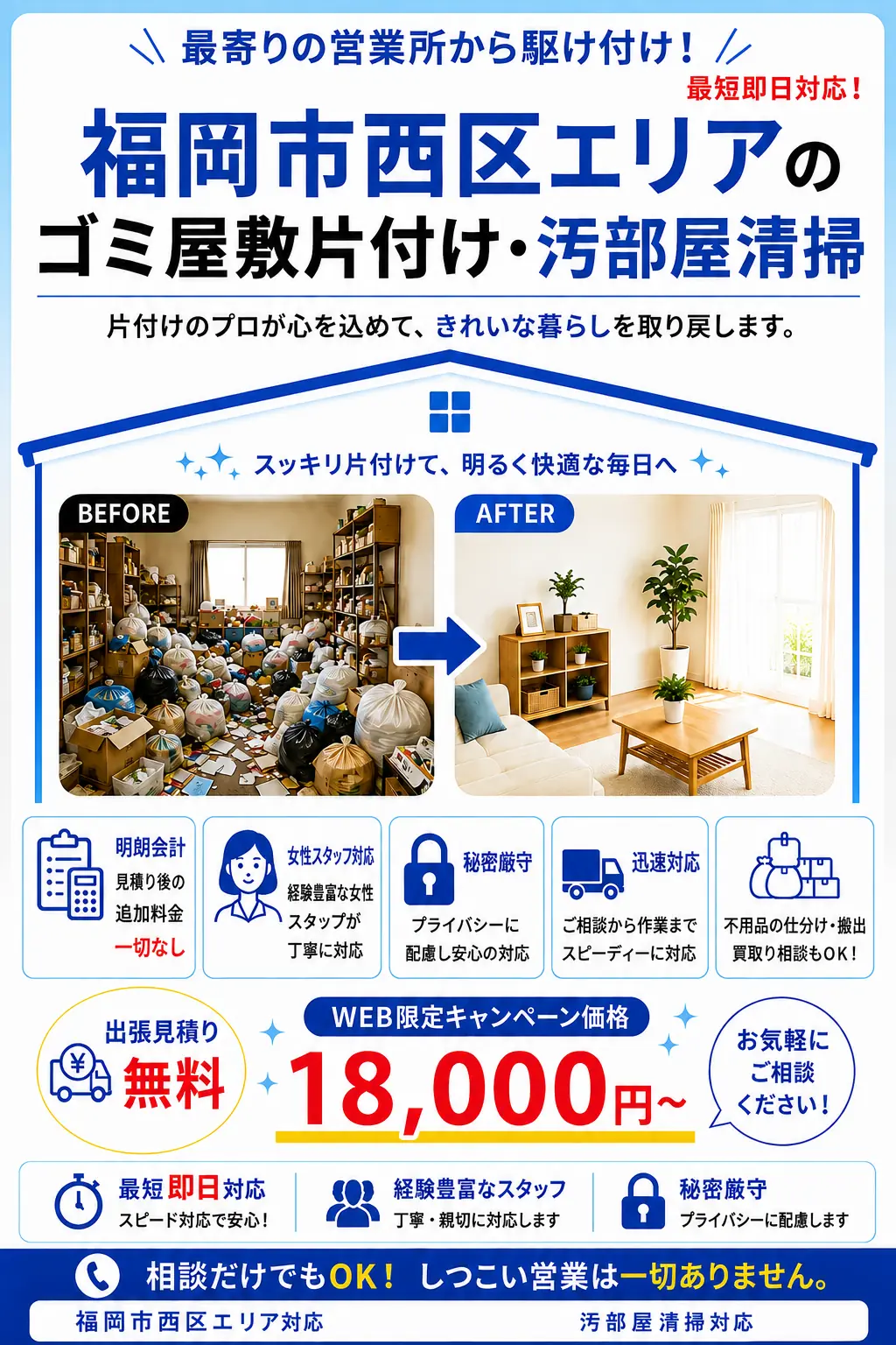 福岡市西区全域のゴミ屋敷片付け・汚部屋清掃。出張見積り無料・最短即日対応・明朗料金で丁寧に対応します。
