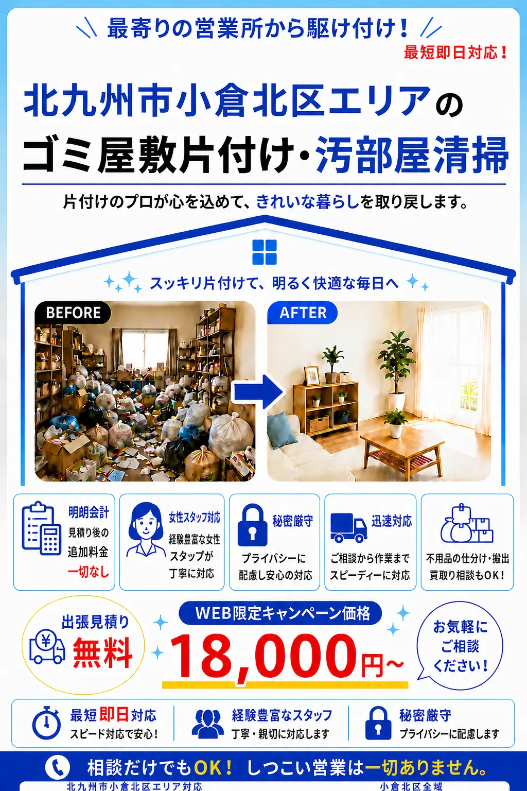 北九州市小倉北区全域のゴミ屋敷片付け・汚部屋清掃。出張見積り無料・最短即日対応・明朗料金で丁寧に対応します。