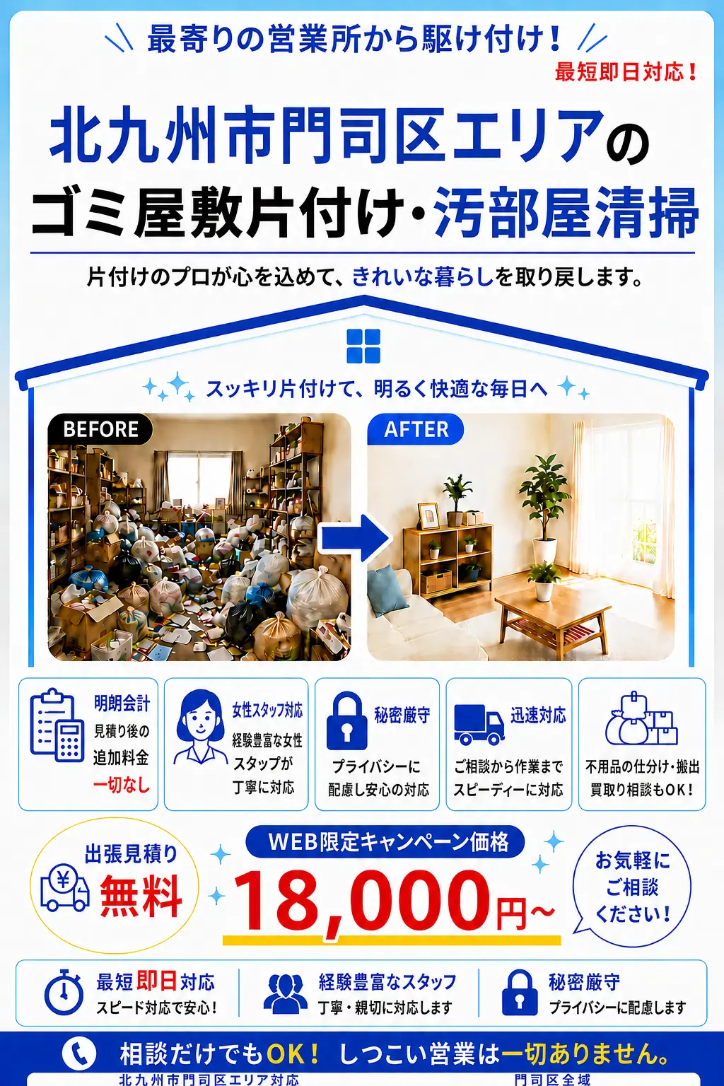 北九州市門司区全域のゴミ屋敷片付け・汚部屋清掃。出張見積り無料・最短即日対応・明朗料金で丁寧に対応します。