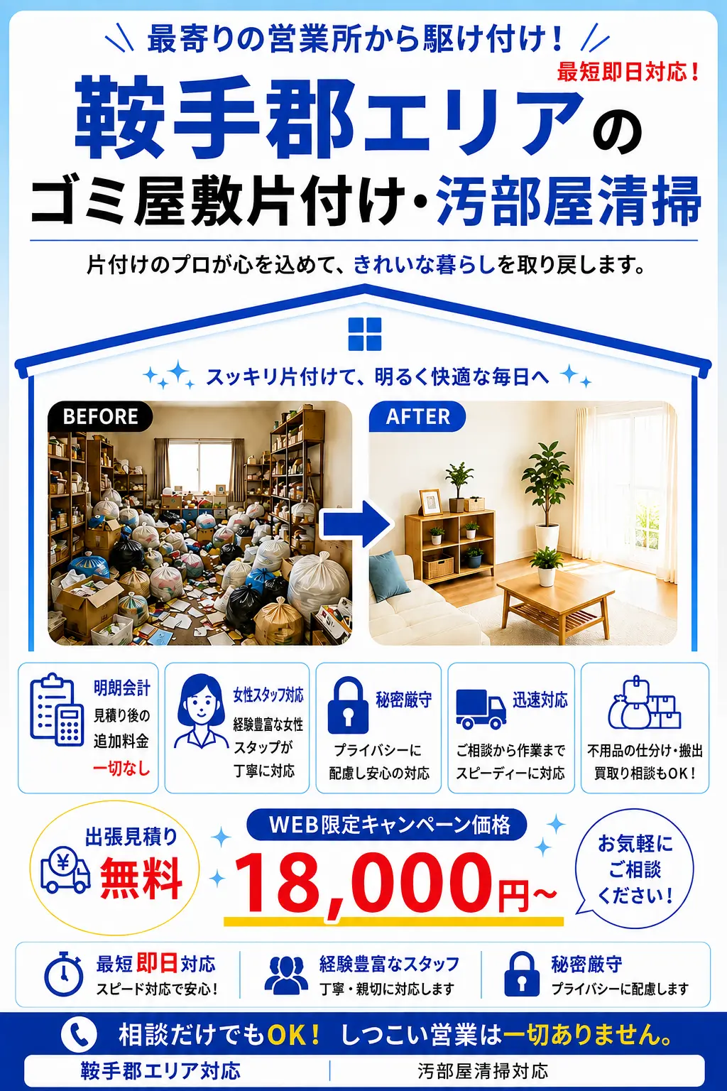 鞍手郡全域のゴミ屋敷片付け・汚部屋清掃。出張見積り無料・最短即日対応・明朗料金で丁寧に対応します。