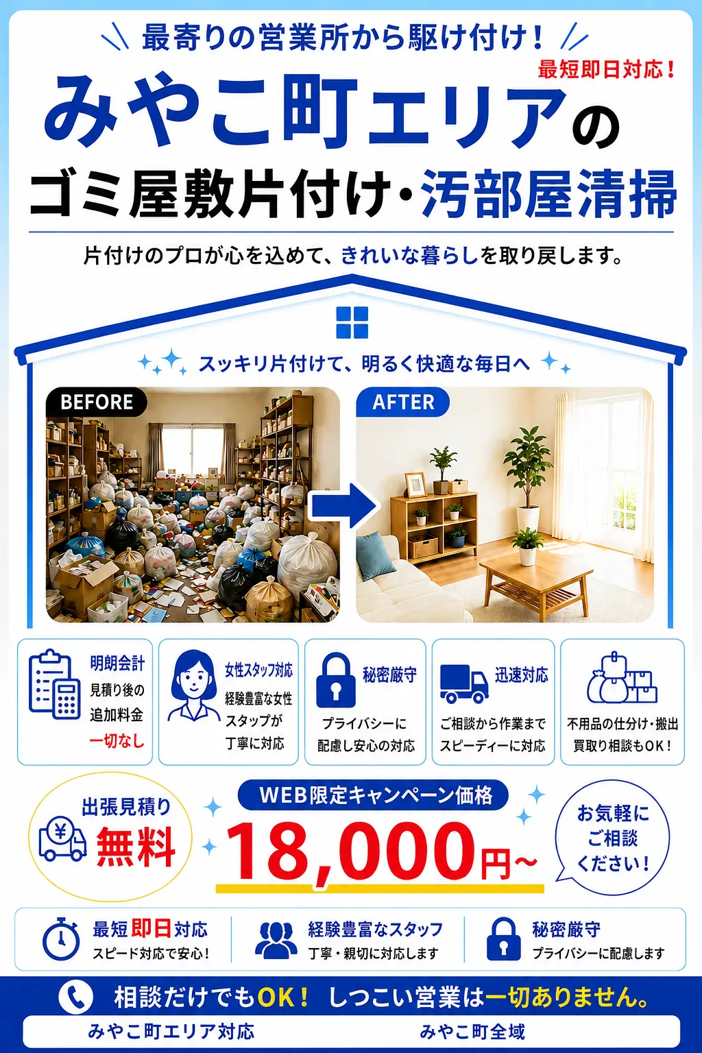 みやこ町のゴミ屋敷片付け・汚部屋清掃。出張見積り無料・最短即日対応・明朗料金で丁寧に対応します。