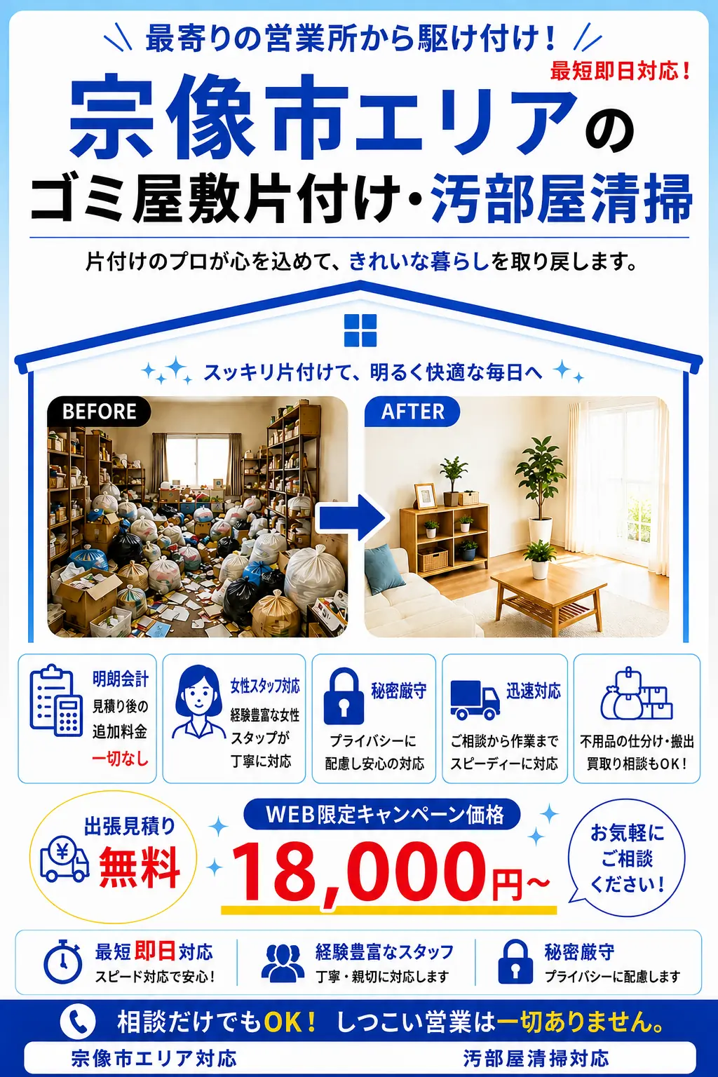 宗像市全域のゴミ屋敷片付け・汚部屋清掃。出張見積り無料・最短即日対応・明朗料金で丁寧に対応します。