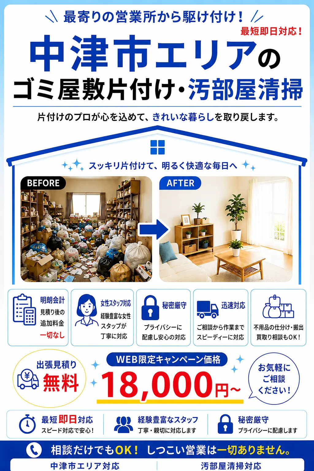 中津市全域のゴミ屋敷片付け・汚部屋清掃。出張見積り無料・最短即日対応・明朗料金で丁寧に対応します。
