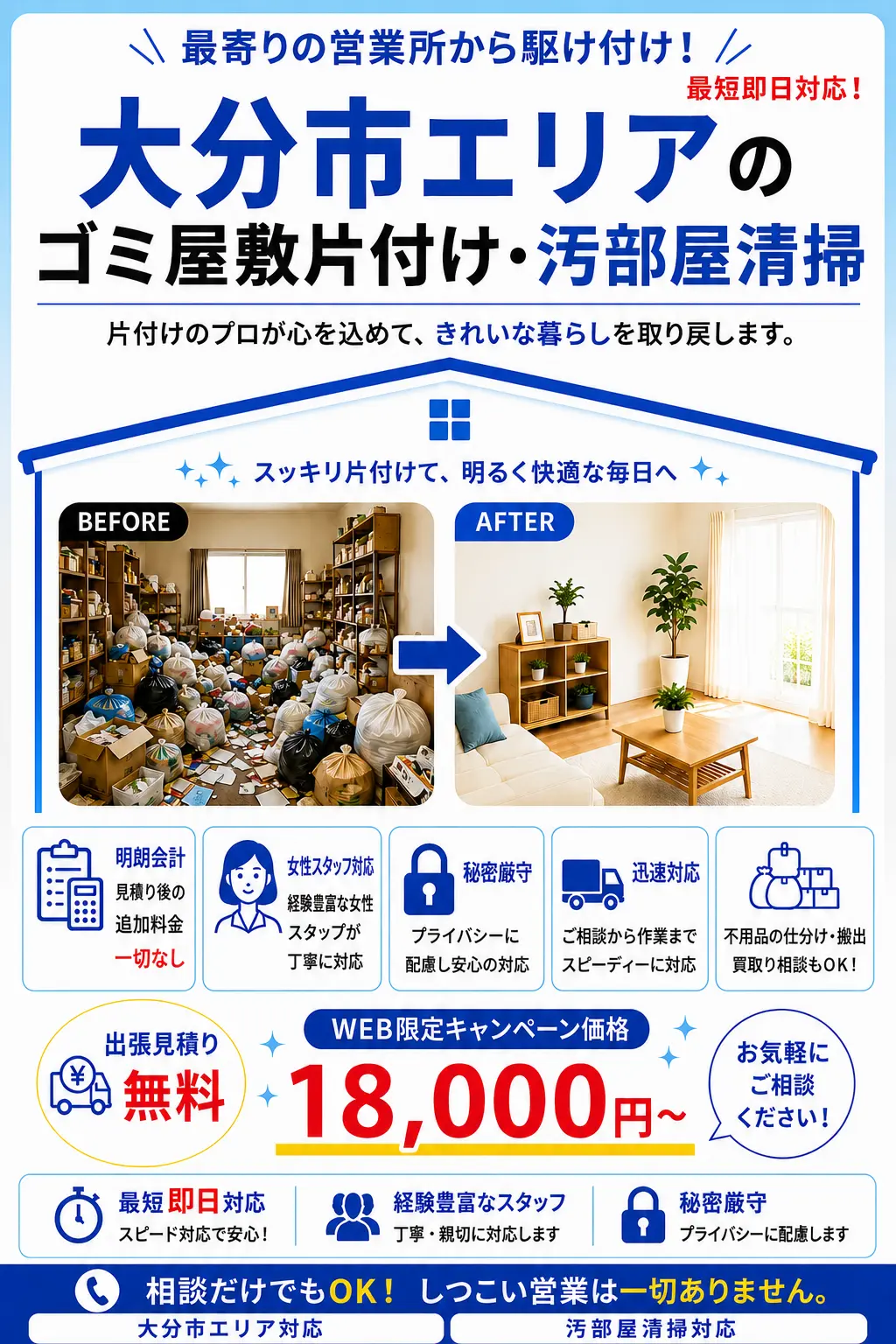 大分市全域のゴミ屋敷片付け・汚部屋清掃。出張見積り無料・最短即日対応・明朗料金で丁寧に対応します。