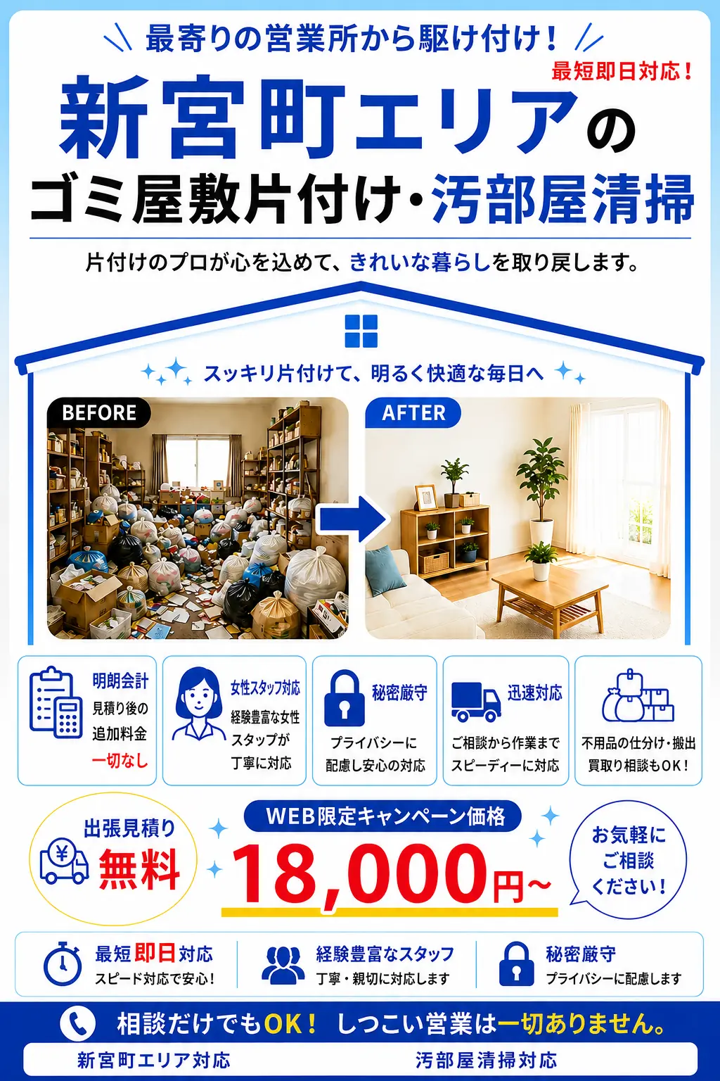 新宮町のゴミ屋敷片付け・汚部屋清掃。出張見積り無料・最短即日対応・明朗料金で丁寧に対応します。