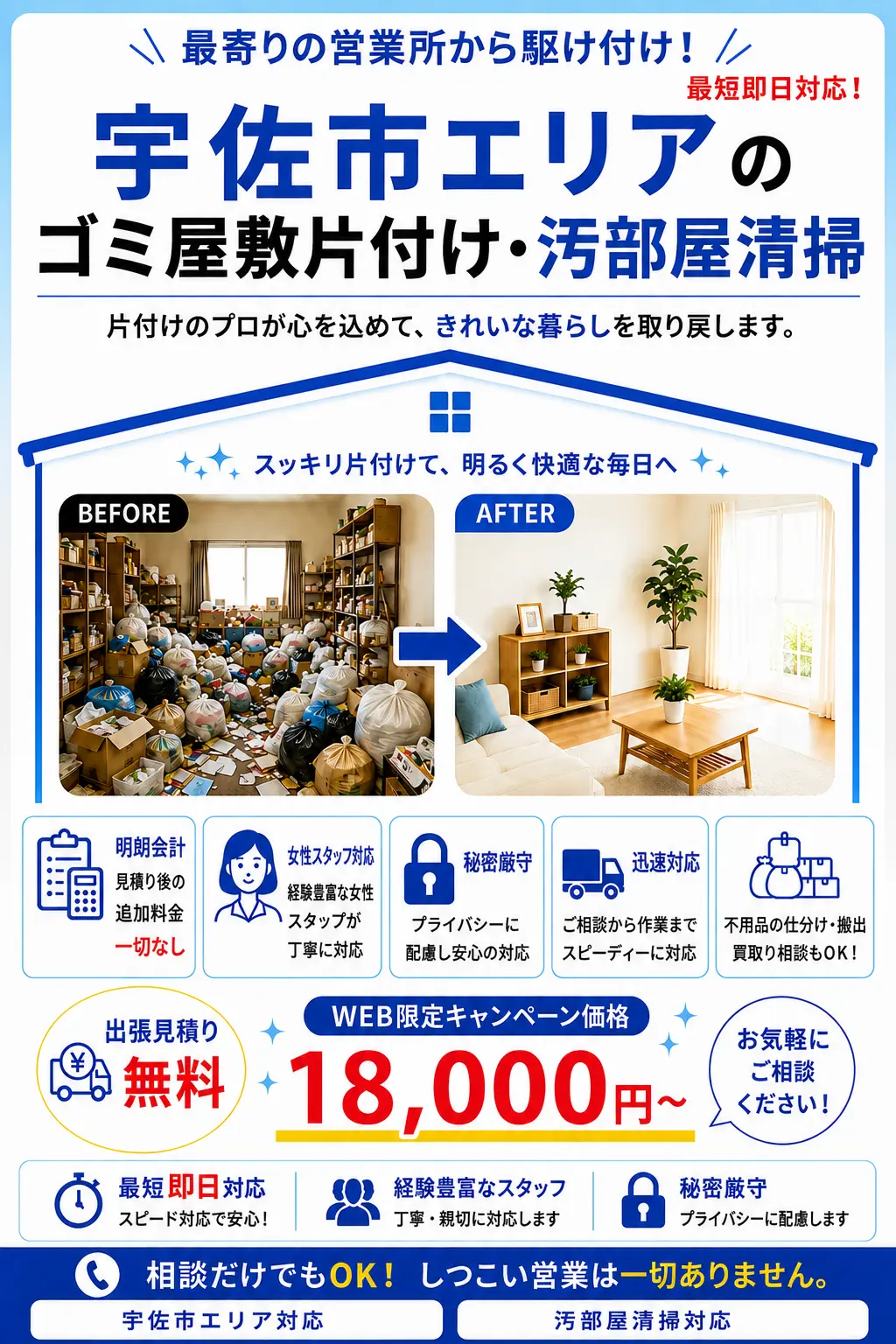 宇佐市全域のゴミ屋敷片付け・汚部屋清掃。出張見積り無料・最短即日対応・明朗料金で丁寧に対応します。