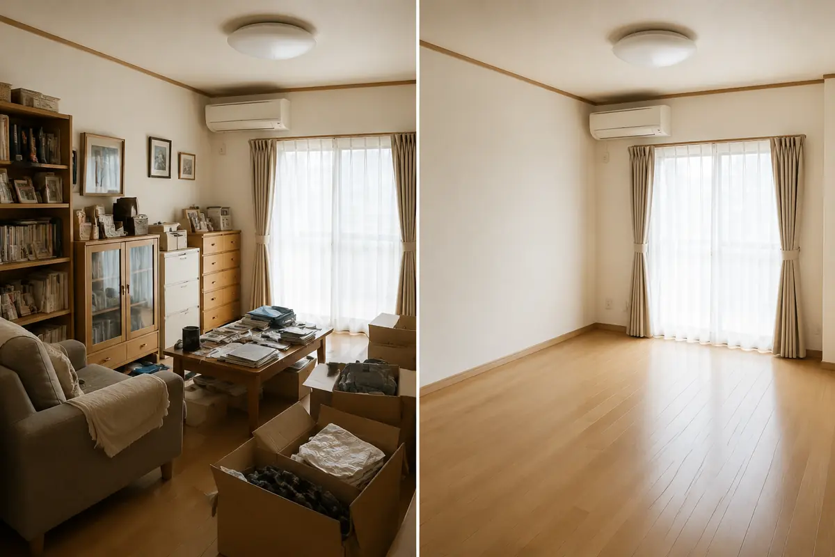 遺品整理の作業前と作業完了後を同じ室内で比較した画像