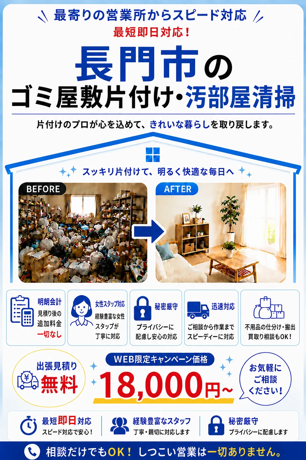 長門市のゴミ屋敷片付け・汚部屋清掃。出張見積り無料・最短即日対応・明朗料金で丁寧に対応します。