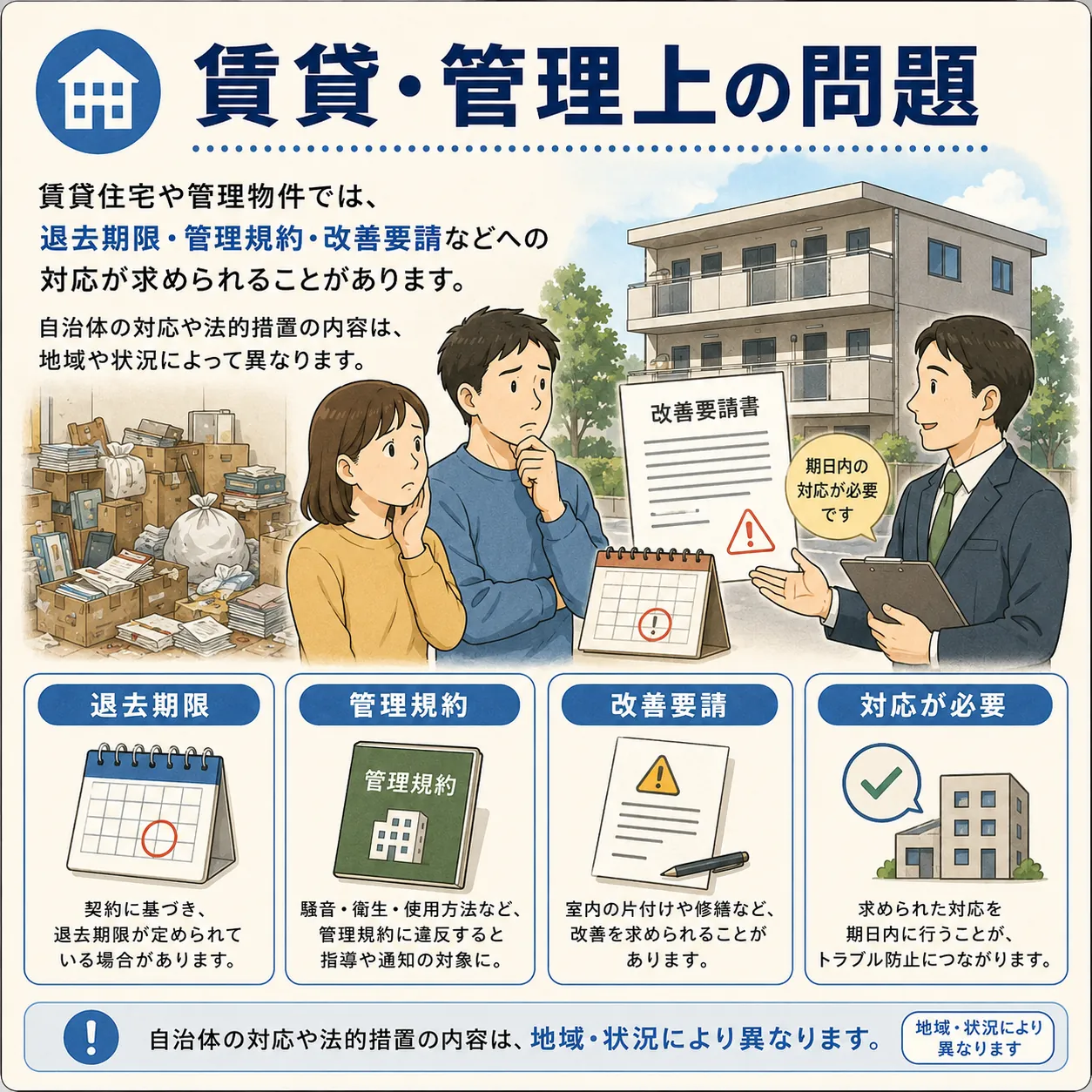 賃貸住宅や管理物件での退去期限・管理規約・改善要請への対応を説明するイラスト