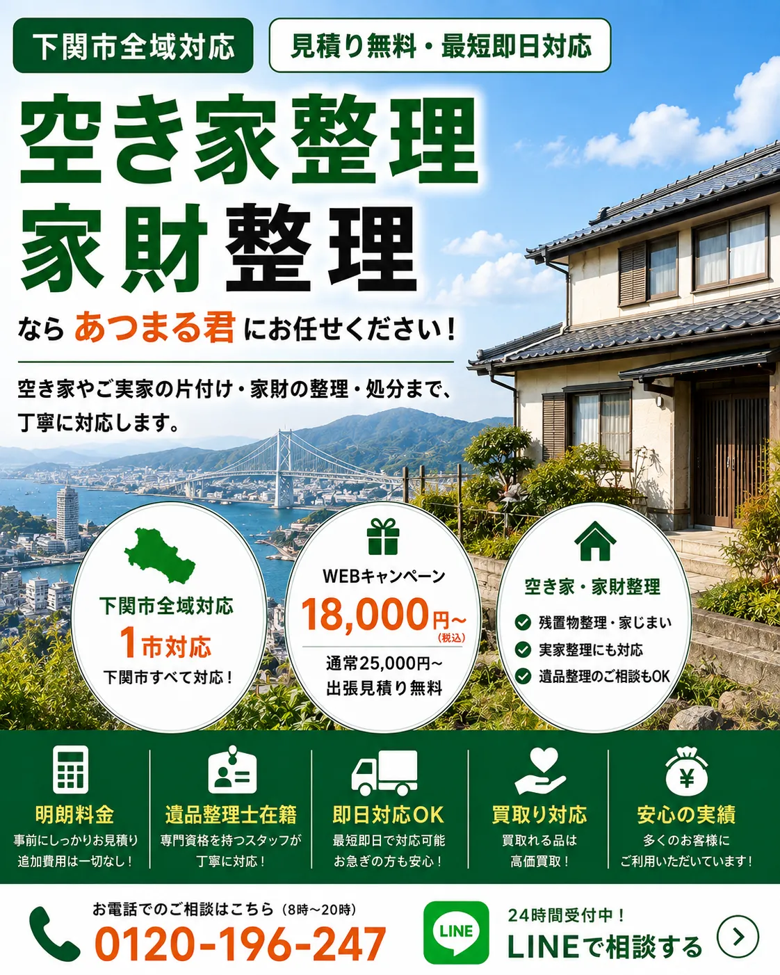 下関市の空き家整理・家財整理。彦島・長府・小月・菊川・豊田・豊浦・豊北など下関市内に対応します。