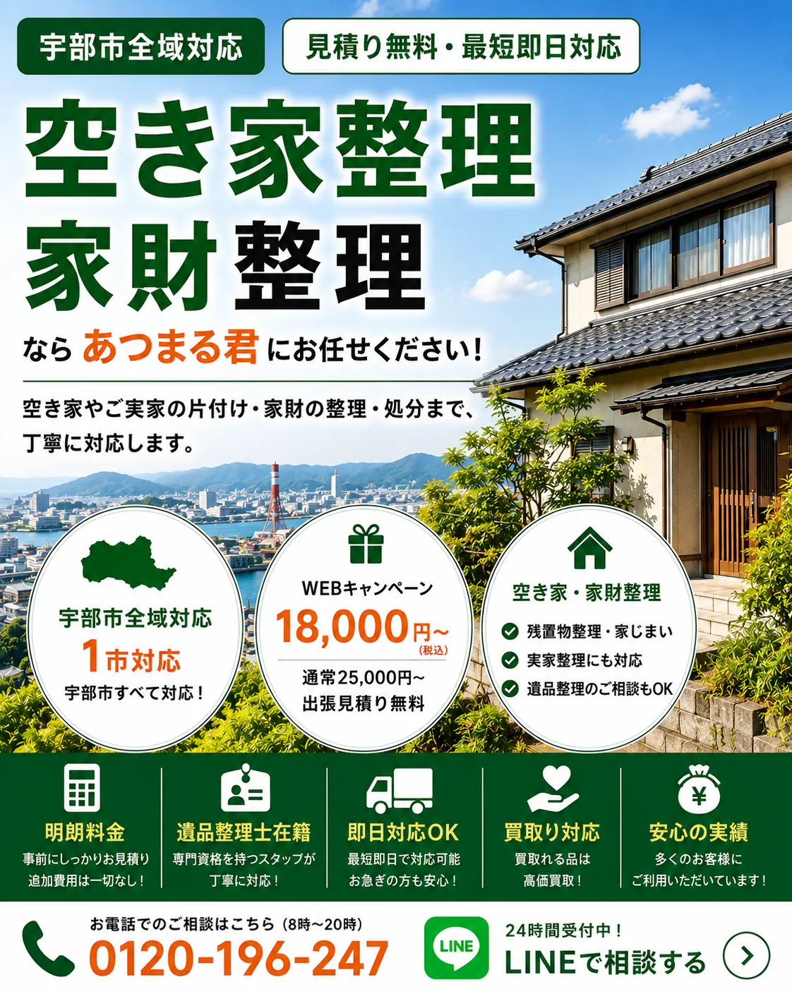 宇部市の空き家整理・家財整理。東岐波・西岐波・恩田・琴芝・厚南・黒石・西宇部・船木など宇部市内に対応します。