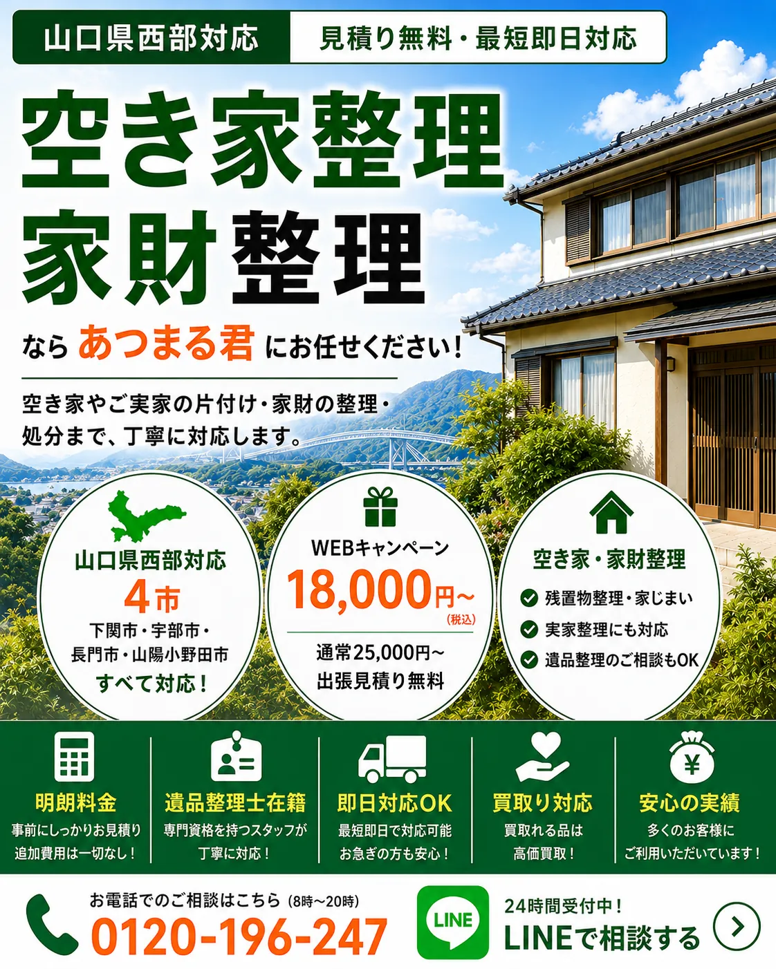 山口県西部エリアの空き家整理・家財整理。下関市・宇部市・長門市・山陽小野田市に対応します。