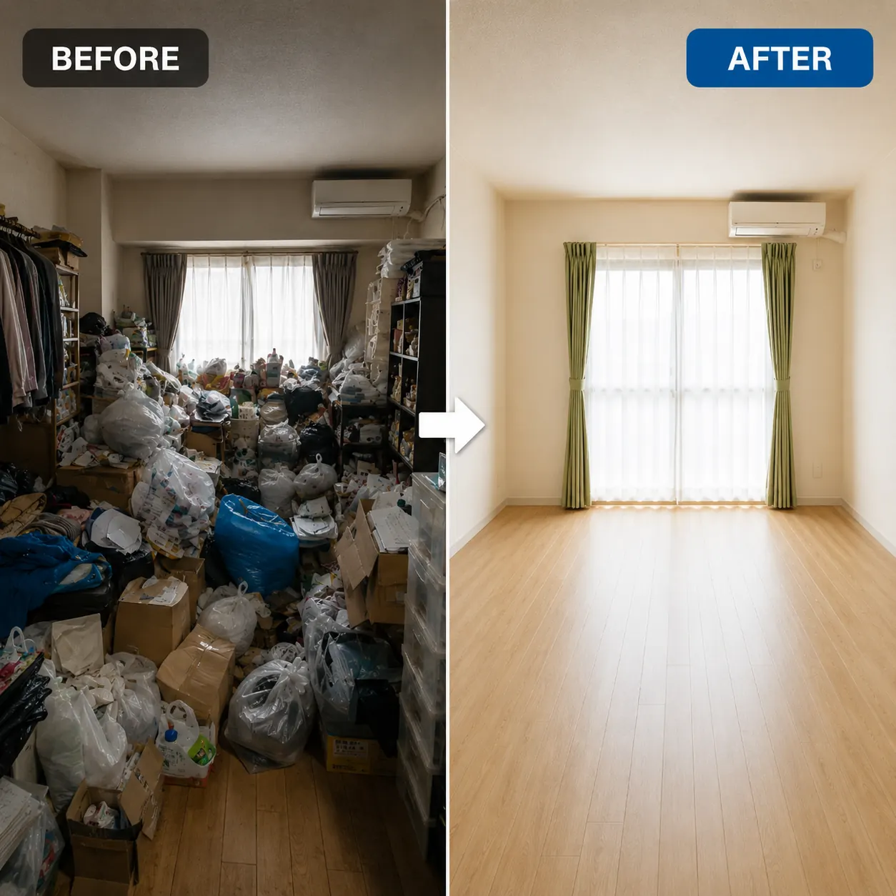 ゴミ屋敷・汚部屋の片付け前後イメージ
