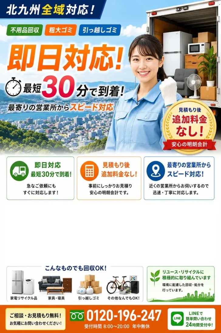 北九州市全域対応の不用品回収・粗大ごみ回収。最短30分、即日対応、見積り後の追加料金なし