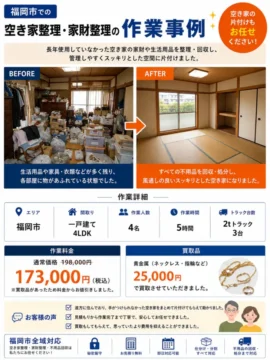 Before-and-after collage: left cluttered storage room in Fukuoka labeled BEFORE, right tidy tatami room labeled AFTER with an orange transformation arrow; shows service case.