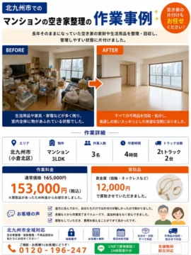 Before-and-after photo showing a cluttered apartment transformed into a clean, empty living room, part of a home organization service in Kitakyushu.
