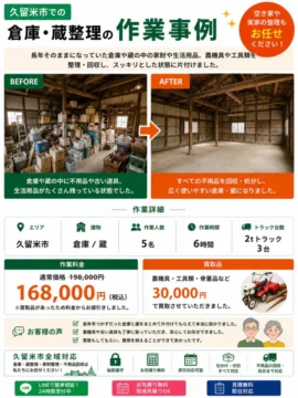 久留米市の倉庫整理事例の比較。左は散乱した荷物のBefore、右は整理後の広い倉庫エリアのAfter。