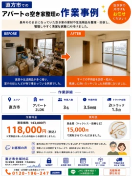 nogata_apartment_case | あつまる君 左は荷物と boxes が山積みの部屋、右は清掃後の空っぽで明るい部屋。直方市のアパート作業イメージ。