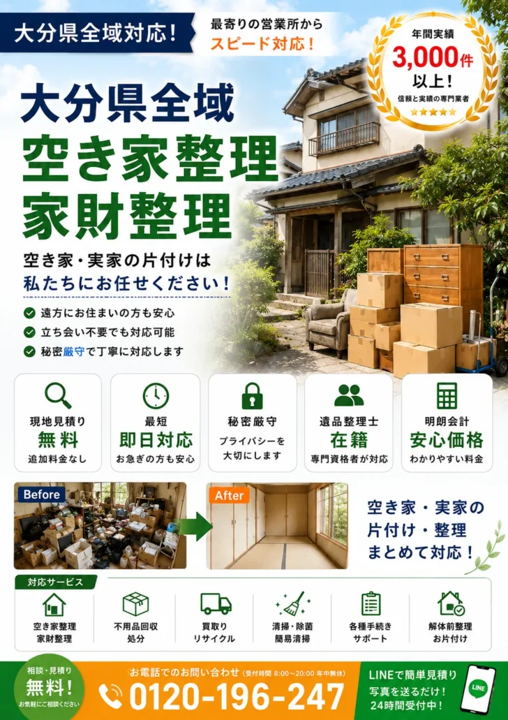 大分県全域の空き家整理・家財整理なら「あつまる君」にお任せください。