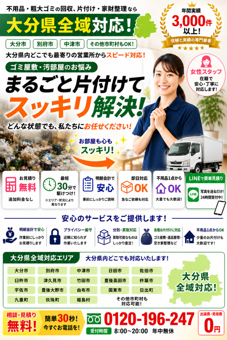 大分県のごみ屋敷清掃・汚部屋片付けなら「あつまる君」にお任せください。