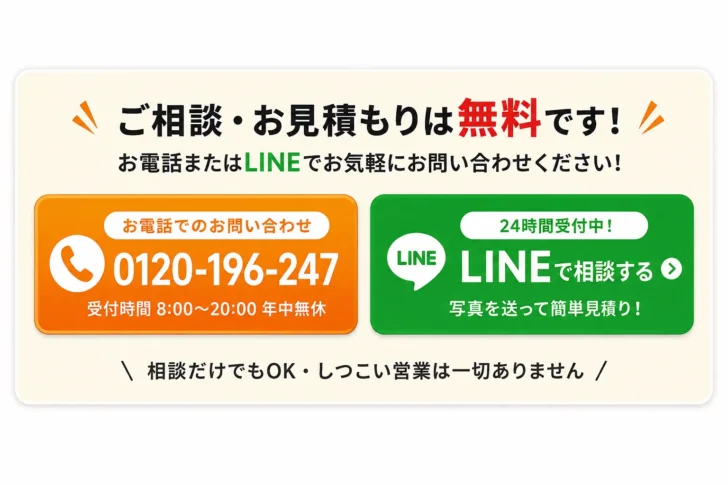 電話0120-196-247またはLINEで無料見積り。LINEは24時間受付中
