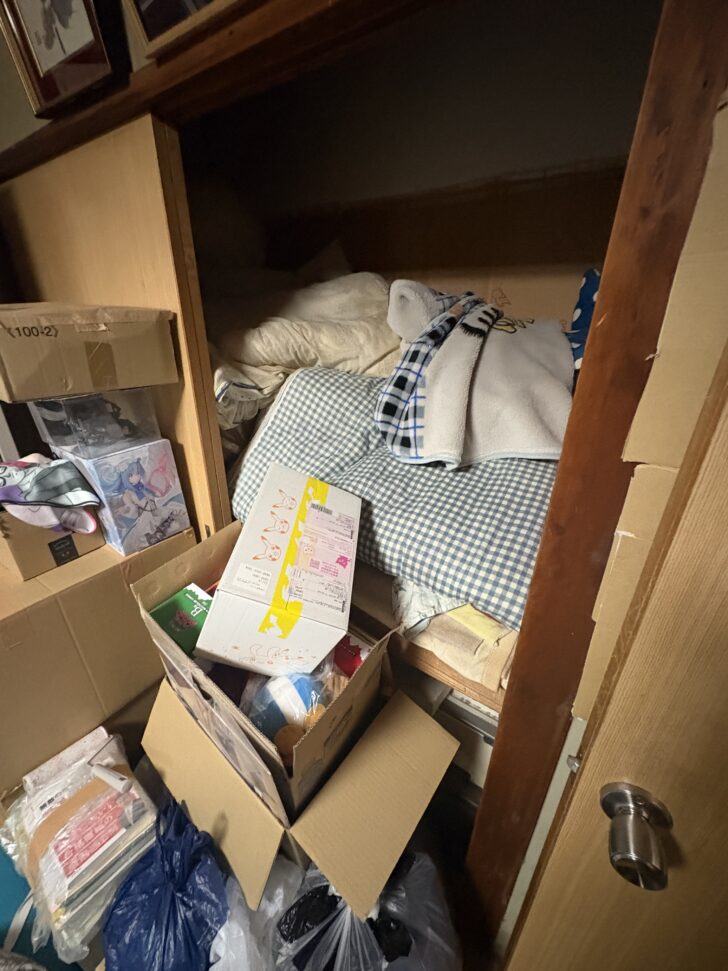熊本県熊本市 衣類, ハンガー, 布団・寝具類, 収納ボックス（プラスチック製）, 段ボール箱, ビニール袋入り荷物, 書籍・雑誌類, 棚・ラック類, テレビ, カバン・バッグ類, ぬいぐるみ, その他雑品多数 回収事例