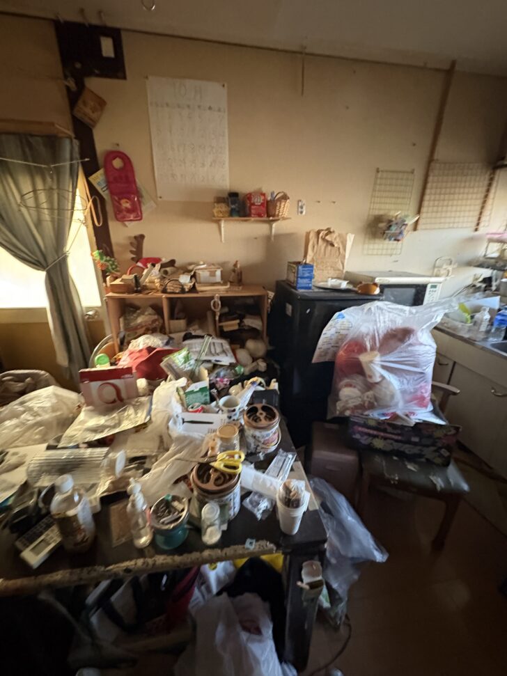 山口県下関市豊浦町 冷蔵庫, 電子レンジ, ガスコンロ, 鍋類, ボウル, 食器類, 棚・収納家具, タンス, 布団・寝具, 座布団, 段ボール箱, ビニール袋類, 書類・紙類, 日用雑貨, 観葉植物, 扇風機, 調味料・容器類 回収事例