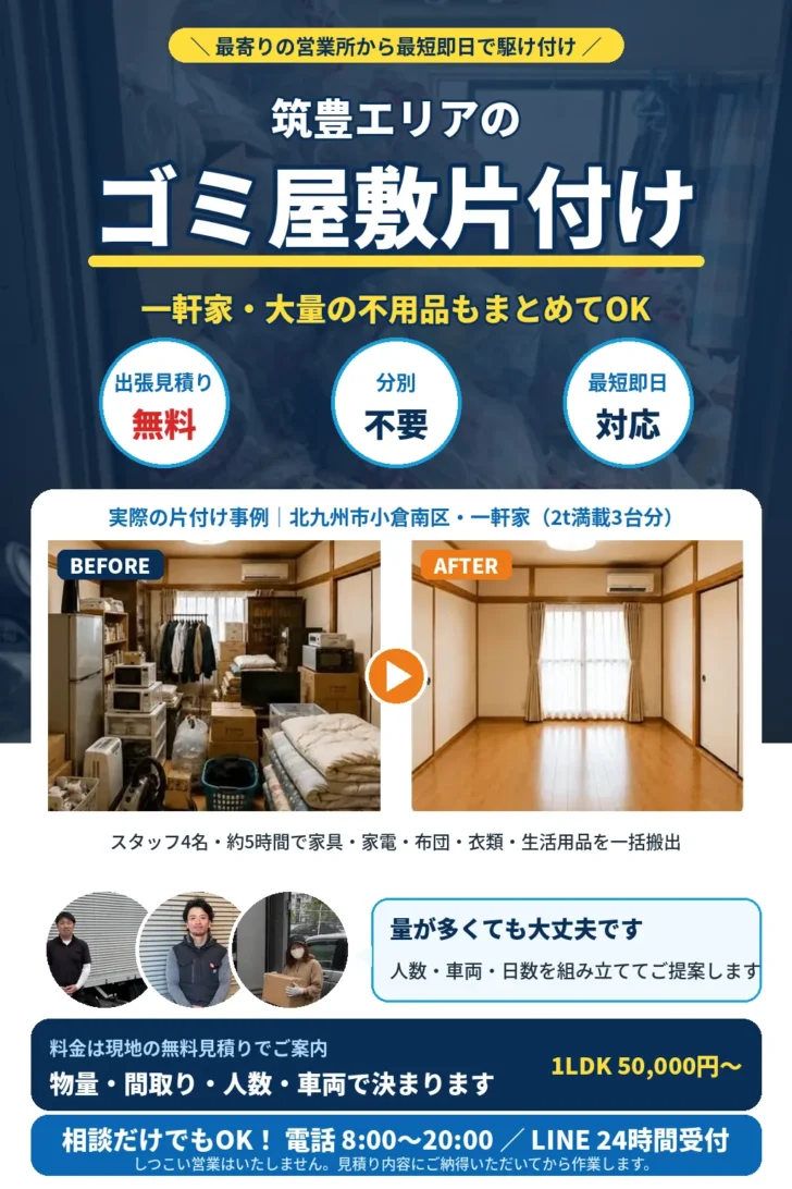 筑豊エリアのゴミ屋敷片付け・大量不用品回収。一軒家・複数部屋・大量の家財もまとめて対応。分別不要・出張見積り無料・最短即日。