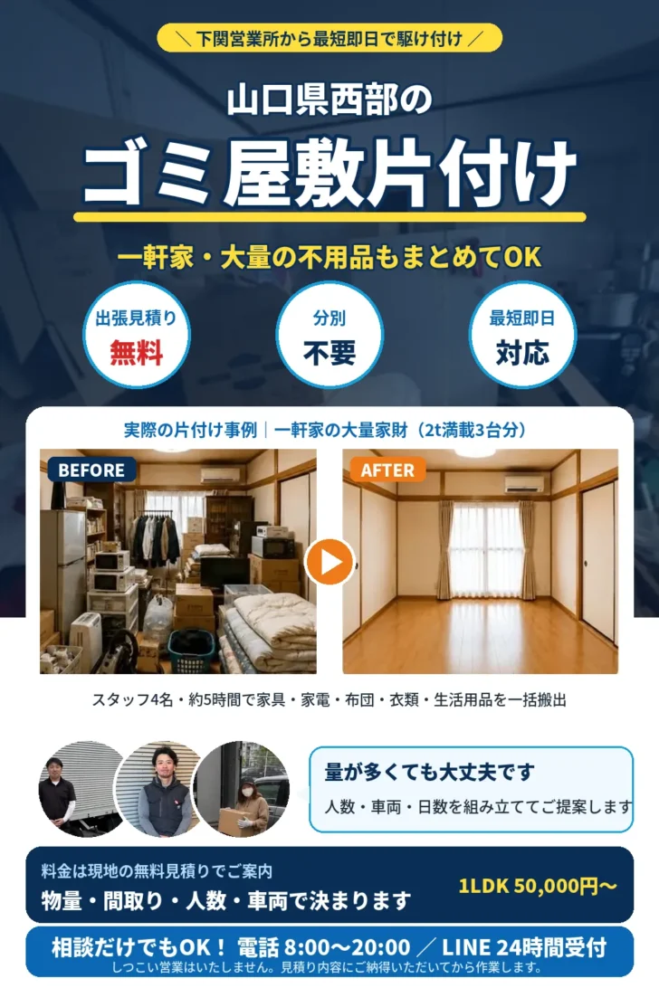 山口県西部のゴミ屋敷片付け・大量不用品回収。一軒家・複数部屋・大量の家財もまとめて対応。分別不要・出張見積り無料・最短即日。