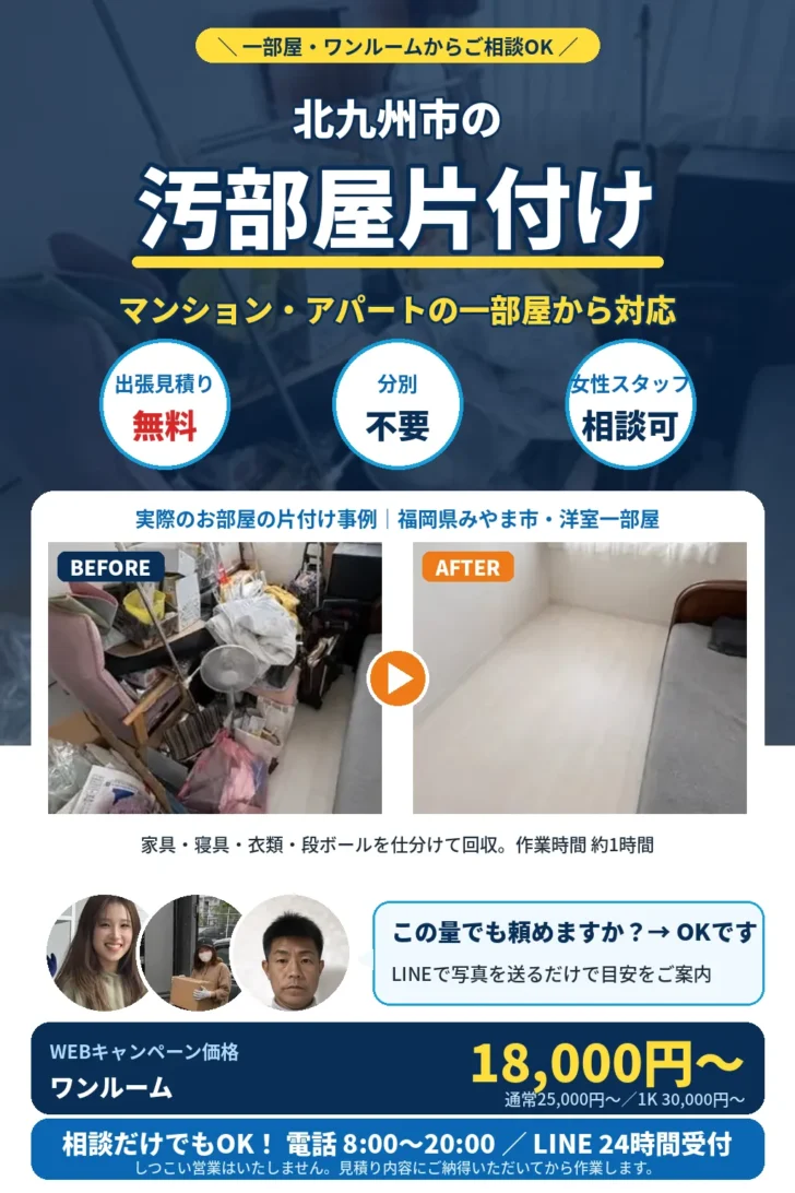 北九州市の汚部屋片付け。一部屋・ワンルームからご相談OK。マンション・アパート対応、分別不要、出張見積り無料、最短即日。実際のお部屋の片付け事例（みやま市）のビフォーアフター。