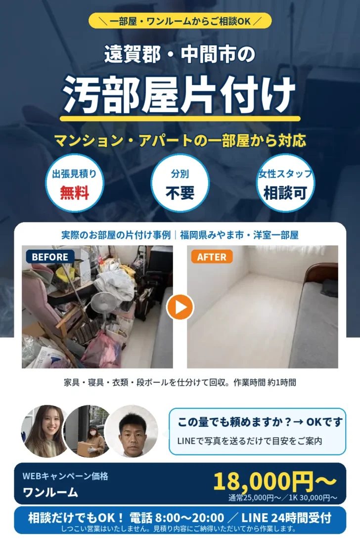 遠賀郡・中間市の汚部屋片付け。一部屋・ワンルームからご相談OK。マンション・アパート対応、分別不要、出張見積り無料、最短即日。実際のお部屋の片付け事例（みやま市）のビフォーアフター。