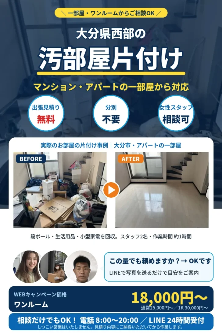 大分県西部の汚部屋片付け。一部屋・ワンルームからご相談OK。マンション・アパート対応、分別不要、出張見積り無料、最短即日。実際のお部屋の片付け事例（みやま市）のビフォーアフター。