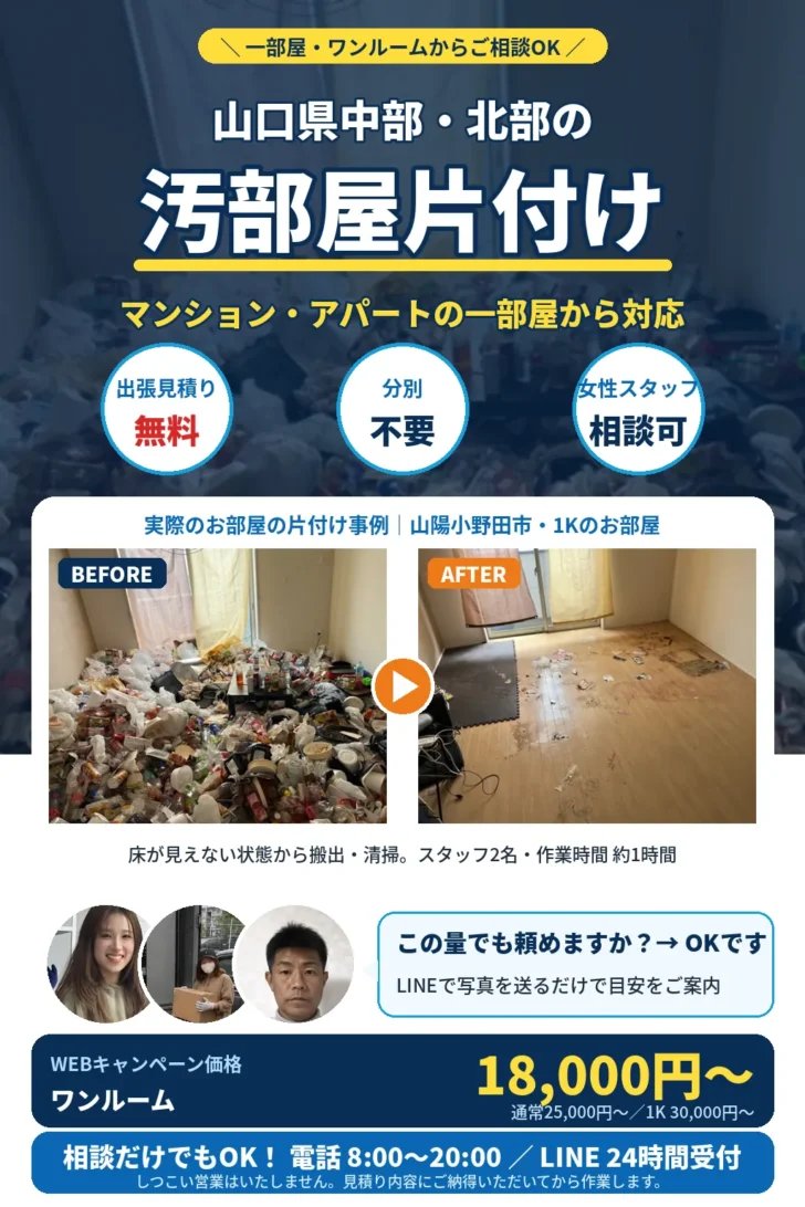山口県中部・北部の汚部屋片付け。一部屋・ワンルームからご相談OK。マンション・アパート対応、分別不要、出張見積り無料、最短即日。実際のお部屋の片付け事例（みやま市）のビフォーアフター。