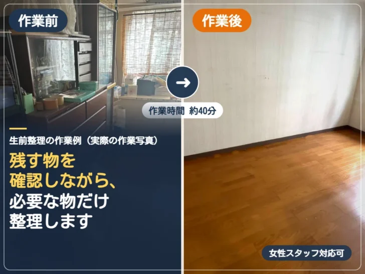 生前整理の作業前と作業後の実際の写真（作業時間約40分の例）