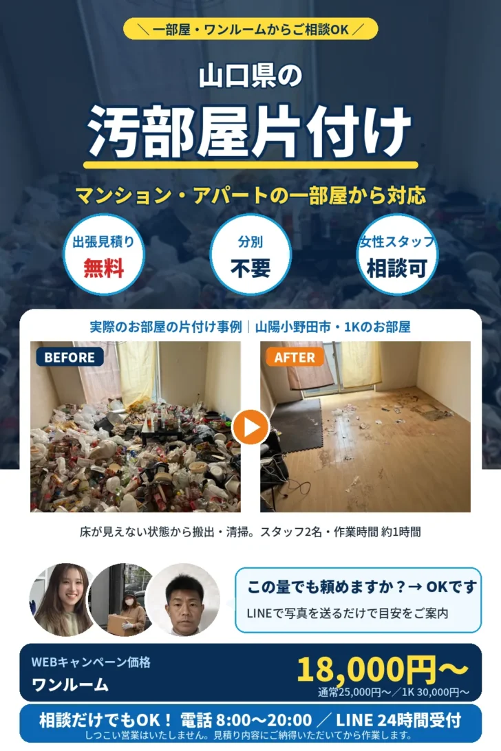 山口県の汚部屋片付け。一部屋・ワンルームからご相談OK。マンション・アパート対応、分別不要、出張見積り無料、最短即日。実際のお部屋の片付け事例（みやま市）のビフォーアフター。