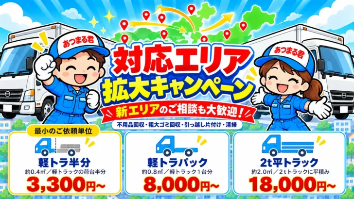 対応エリア拡大キャンペーン 新エリアのご相談も大歓迎！不用品回収・粗大ゴミ回収・引っ越し片付け・清掃。料金の目安（税込）：軽トラ半分（約0.4㎥）3,300円〜（最小のご依頼単位）、軽トラパック（約0.8㎥）8,000円〜、2t平トラック（約2.0㎥）18,000円〜
