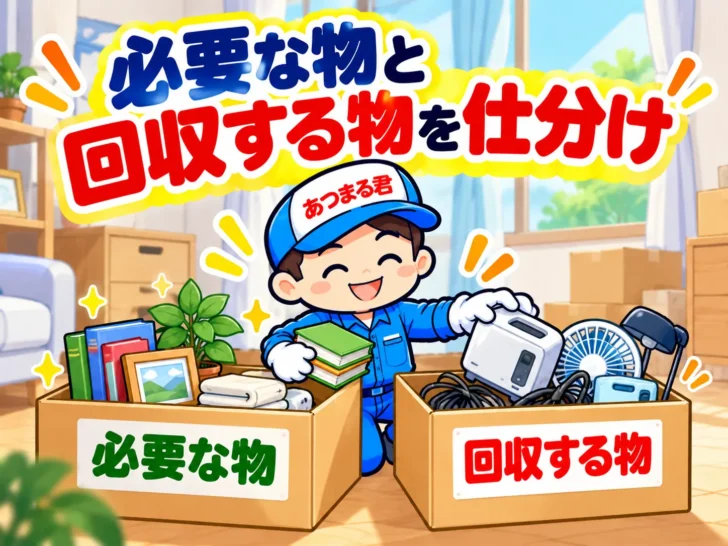 必要な物と回収する物を箱に分けて仕分けするあつまる君