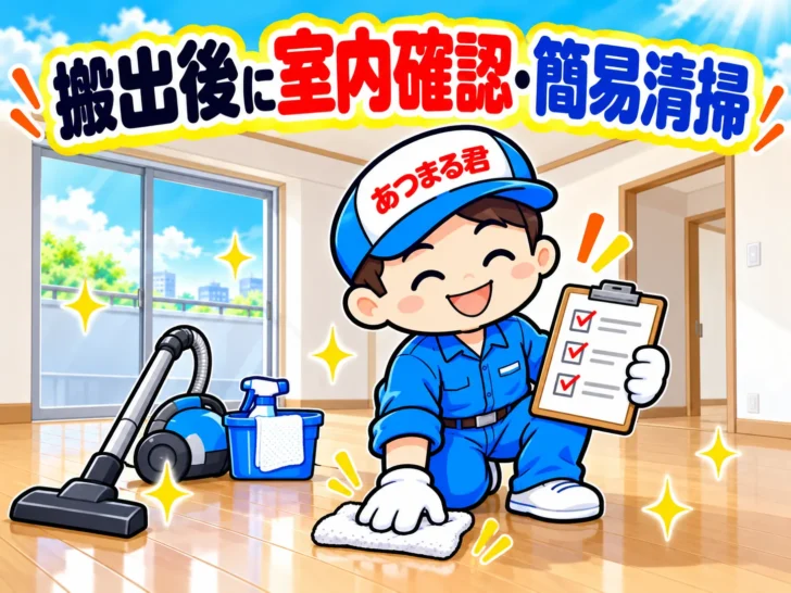 搬出後の室内をチェックリストで確認し、床を拭いて簡易清掃するあつまる君